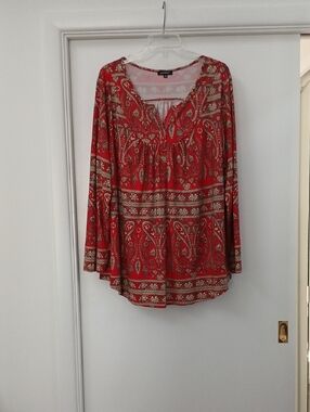 Paisley-Print Red Long-Sleeve Peasant Style Blouse